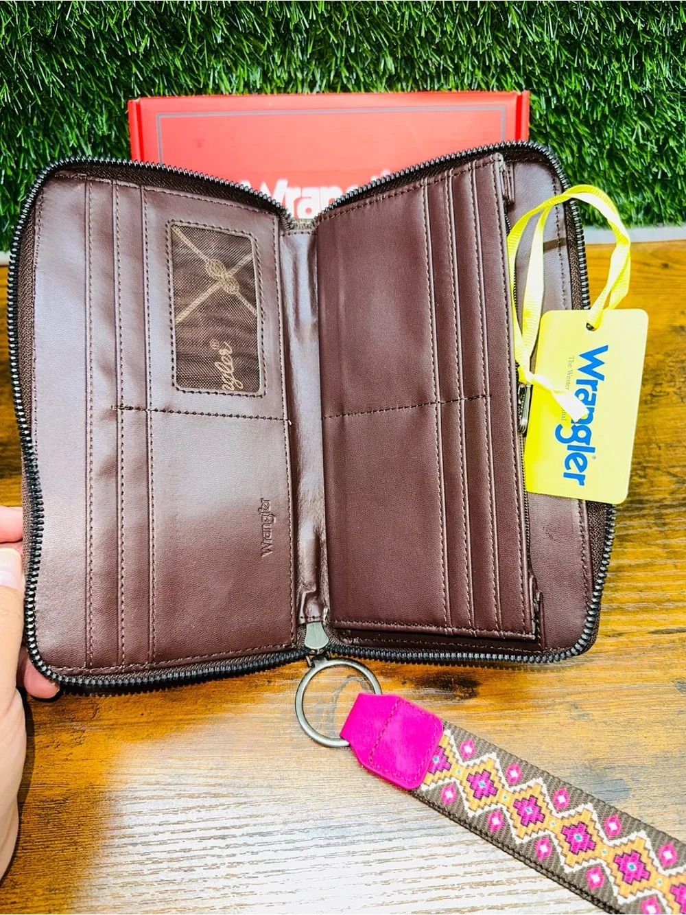 Wrangler Pink and Brown Embroidered Wristlet Wallet with Strap